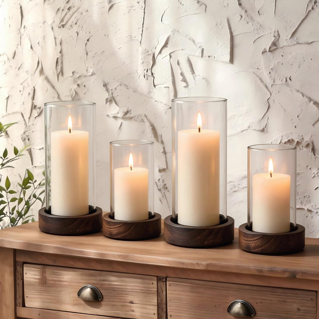 Ronasip Set of 4 Hurricane Candle Holders with Wood Base & Glass Cylinder (4.2x5.9” & 4.6x7.8”) – Rustic Wooden Candle Holders for Home Decor, Weddings, Table Centerpieces