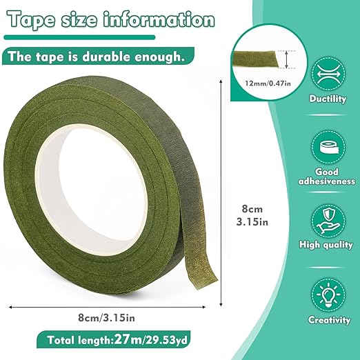 Floral Tape, 1/2inch Flower Tape, Green Flower Tape for Bouquet Stem Wrap Floral Arranging Craft Projects Corsages, Wedding Bouquet