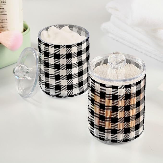 Gredecor Qtip Holder Dispenser 2 Pack Black White Classic Buffalo Plaid Bathroom Decorative Storage Canister Holder Counter Vanity Organizer for Cotton Ball Swabs Pads Floss