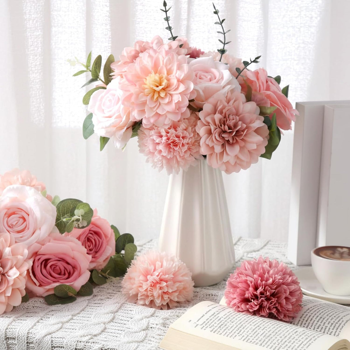 suncalla 98pcs artificial flowers with stems, pink color, side view