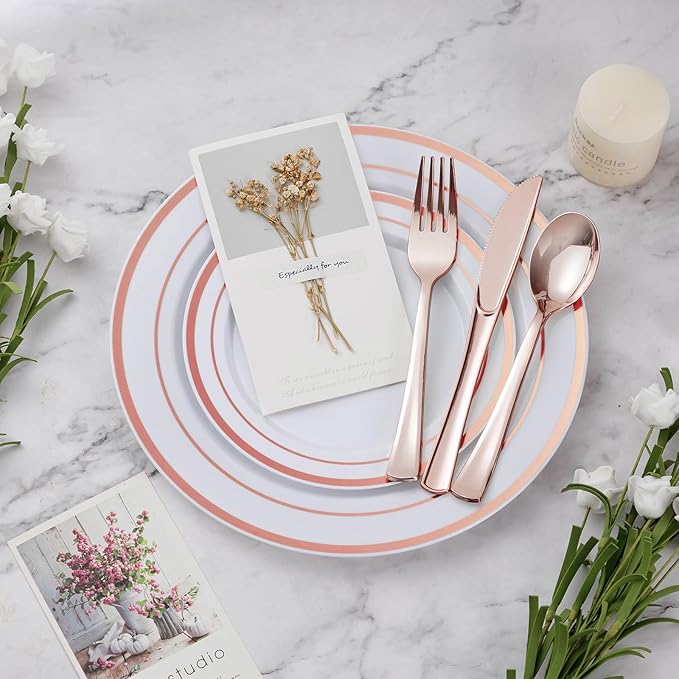 BESTVIP 300PCS Plastic Dinnerware Set (50 Guests), Rose Gold Disposable Plates for Party, Wedding, Christmas, Anniversary, Includes: Dinner Plates, Dessert Plates, Cups, Spoons, Forks and Knives