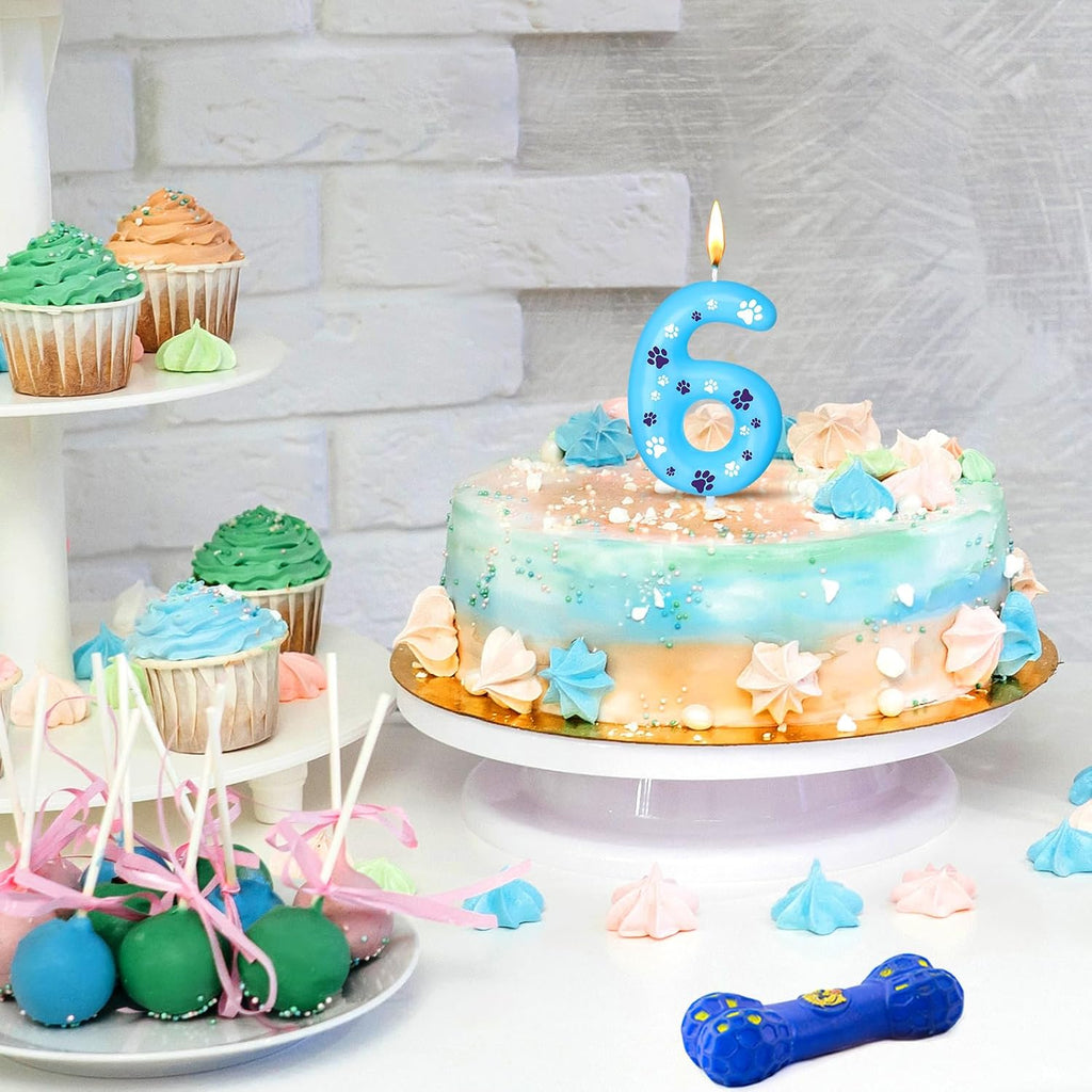 Threlaco Blue Dog Paw Birthday Number Candles Dog Paw Numeral Cake Topper Decorations for Kids Boy Girl Blue Birthday Decoration Party Supplies(Number 6)