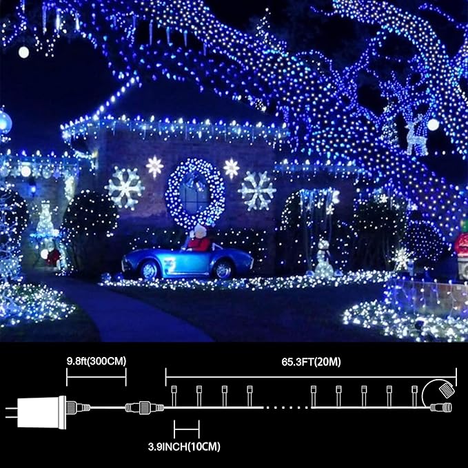 LAMPHOME 66ft Christmas Decorative Mini Lights, 200 LED Transparent Wire Fairy Starry String Lights Plug in, 16 Lighting Modes for Indoor Outdoor Xmas Tree Wedding Party Decoration (White +Blue)