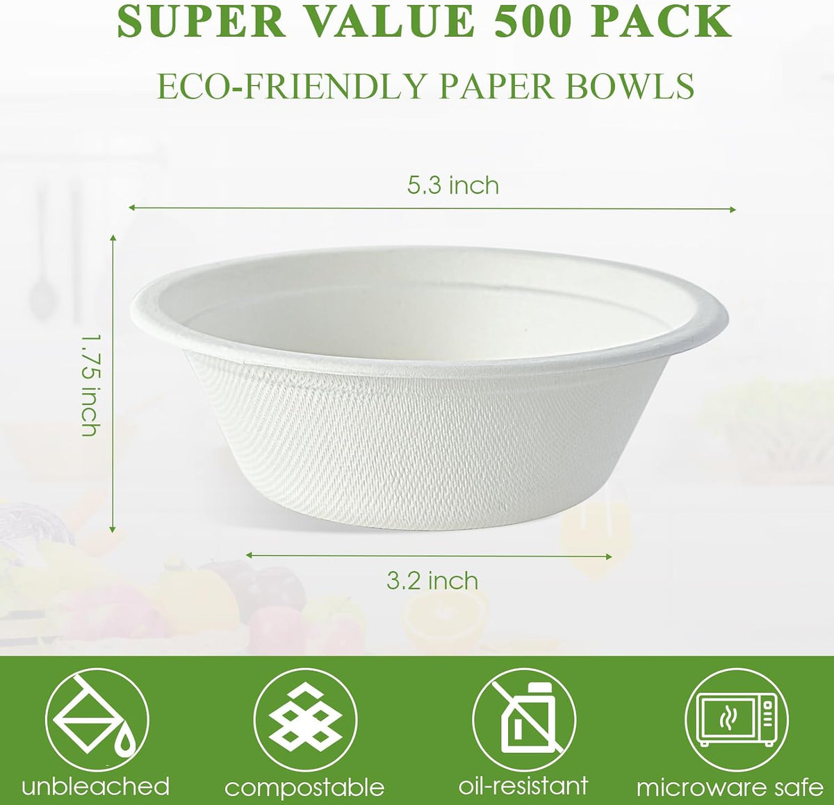 Vplus 500 Pack 12 OZ Compostable Paper Bowls, Bagasse Bowls Bulk，White