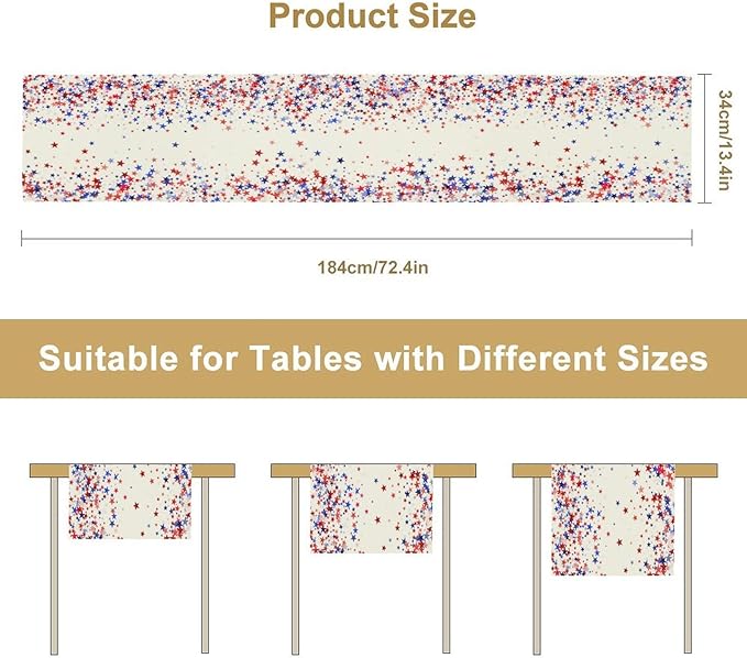 Independence Day Table Runner, 4th of July Red Blue Stars American President Day Holiday Confetti Print Table Cover for Kitchen Dining Table Indoor Outdoor Party, 13x36inch