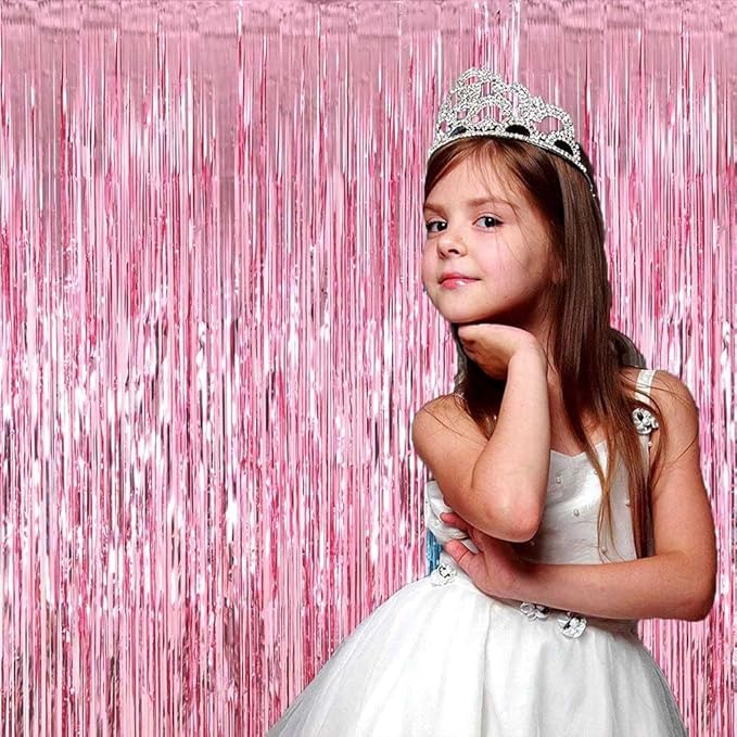 4 Pack Pink Foil Fringe Curtain Backdrop, 3.28Ft x 8.2Ft Metallic Tinsel Foil Fringe Streamer Curtains for Photo Booth Props, Birthday, Wedding, Valentine's Day Decoration Party Supplies New