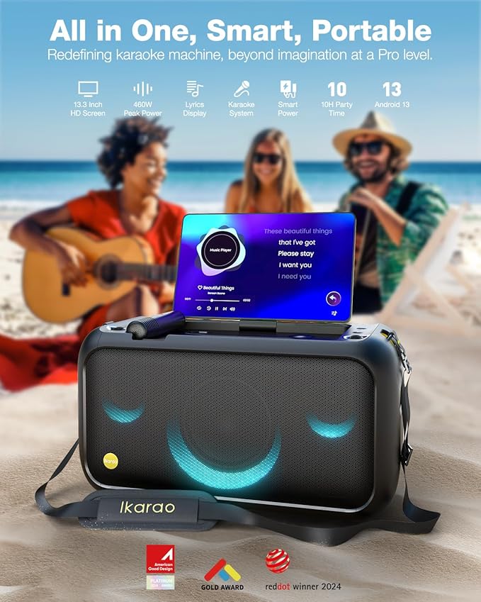 Ikarao Karaoke Machine for Adults, with Lyrics Display Built-in 13.3" Screen, Truly All in One Karaoke Machine with 2 Wireless Microphone (Hidden & Self Charging), 460W Bluetooth Speaker for Party, TV