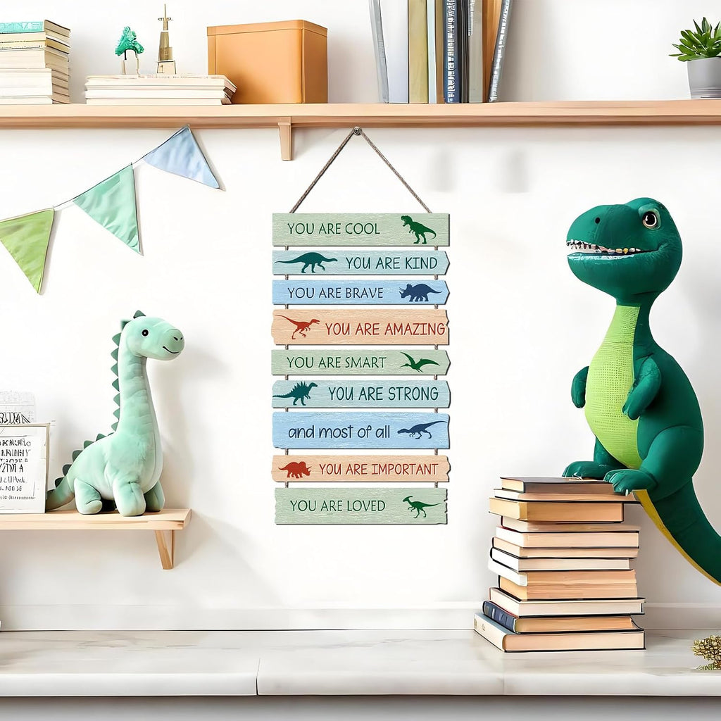 Dinosaur Wall Decor for Boys Room, 9-Piece Inspirational Wooden Signs with Positive Affirmations, Dino Nursery Decor for Toddler Kids Bedroom, Baby Boy Room Art with Motivational Quotes