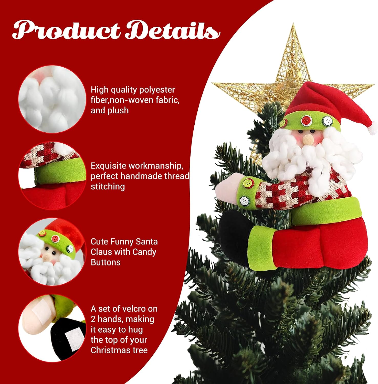 Santa Christmas Tree Topper Decoration 10.5 * 13 in,Unique Funny Plush Santa Decor for Tree,Xmas Curtain Ornaments Wine Bottle Staircase Guardrail Decoration for Xmas New Year Holiday Birthday