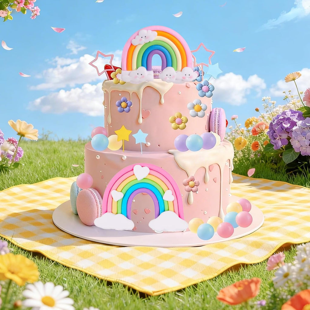 39 Pcs Rainbow Cake Topper, Rainbow Party Decorations with Pastel Ball Toppers and Daisy Flowers for Boho Birthday, Baby Shower Cake Decorations