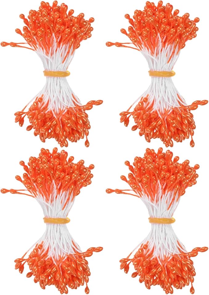 600-Pack Flower Stamens for Crafts, 5mm Double Heads Artificial Pearl Floral Pistil Mini Flower Pollens Stamens for DIY Making/Wedding/Scrapbook Decoration [Orange]