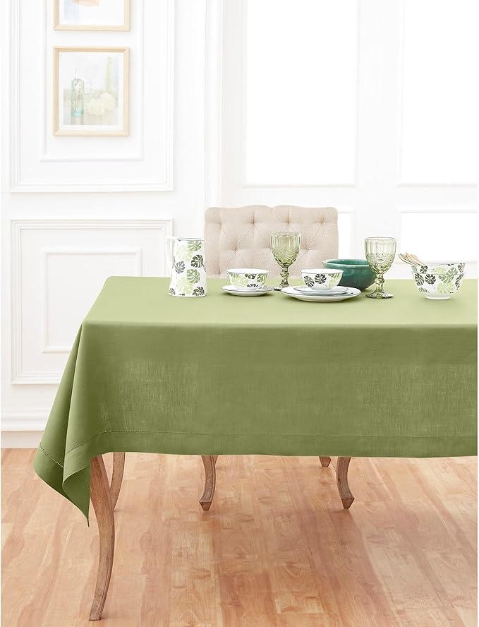 Solino Home Linen Tablecloth 60 x 144 Inch - Classic Hemstitch 100% Pure Linen Moss Green Table Cloth for Rectangle Tables - Machine Washable Tablecloth for Fall, Autumn, Thanksgiving