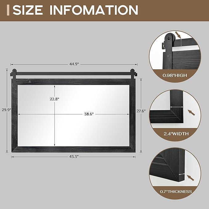 COGOOD Farmhouse Bathroom Mirror - 45 x 30 Large Rectangle Barn Door Mirror for Vanity, Bedroom, Living Room Wall Decor (Black)