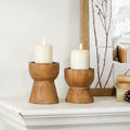 NIKKY HOME Farmhouse Wooden Pillar Candle Holders Set of 2, Mantel Decor | Rustic Brown Solid Wood Candle Pedestal, Decorative Short Base Stand, Adds Natural Charm to Fireplace Table Centerpiece