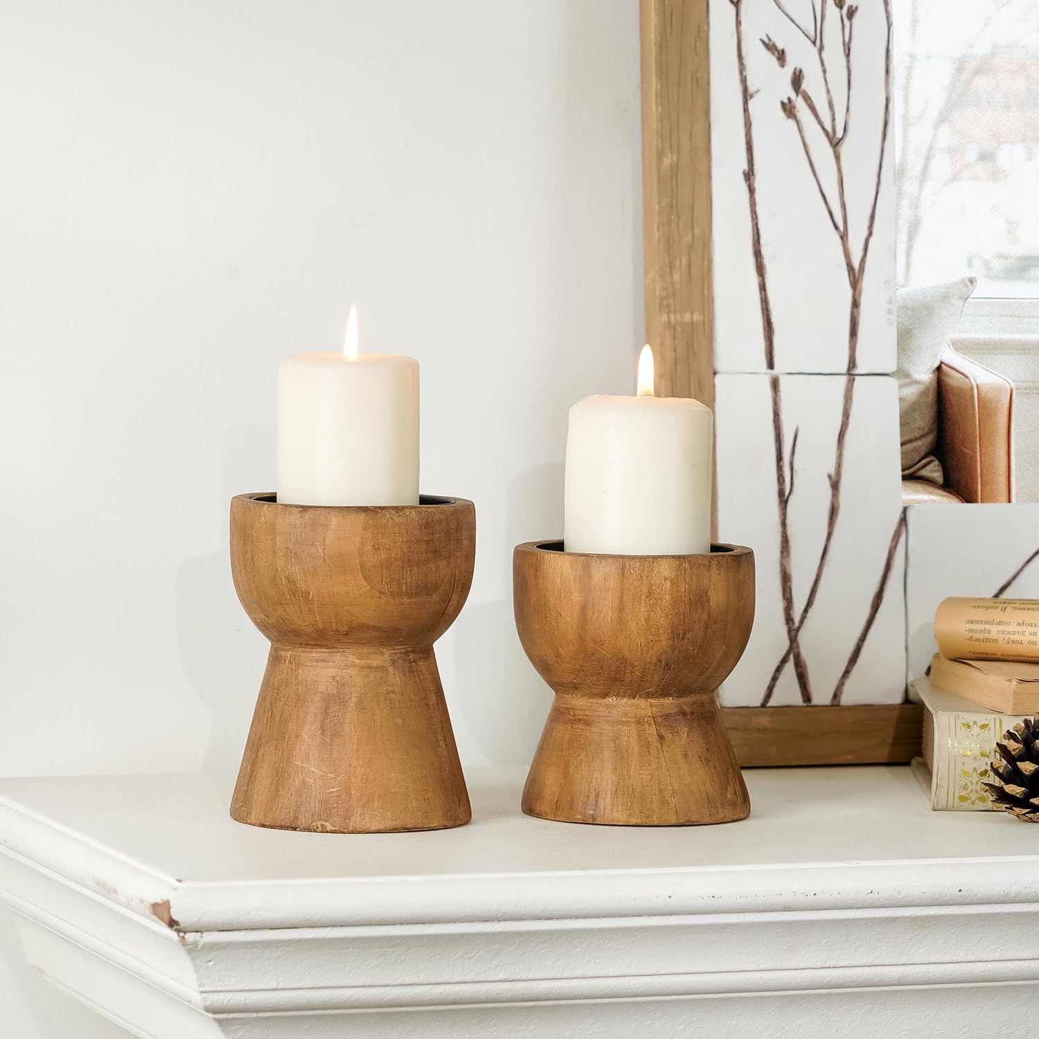 NIKKY HOME Farmhouse Wooden Pillar Candle Holders Set of 2, Mantel Decor | Rustic Brown Solid Wood Candle Pedestal, Decorative Short Base Stand, Adds Natural Charm to Fireplace Table Centerpiece