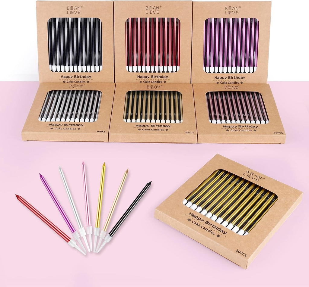 BEAN LIEVE 30-Count Champagne Gold Long Thin Metallic Birthday Candles, Cake Candles, Birthday Parties, Wedding Decorations, Party Candles, Cake Decorations