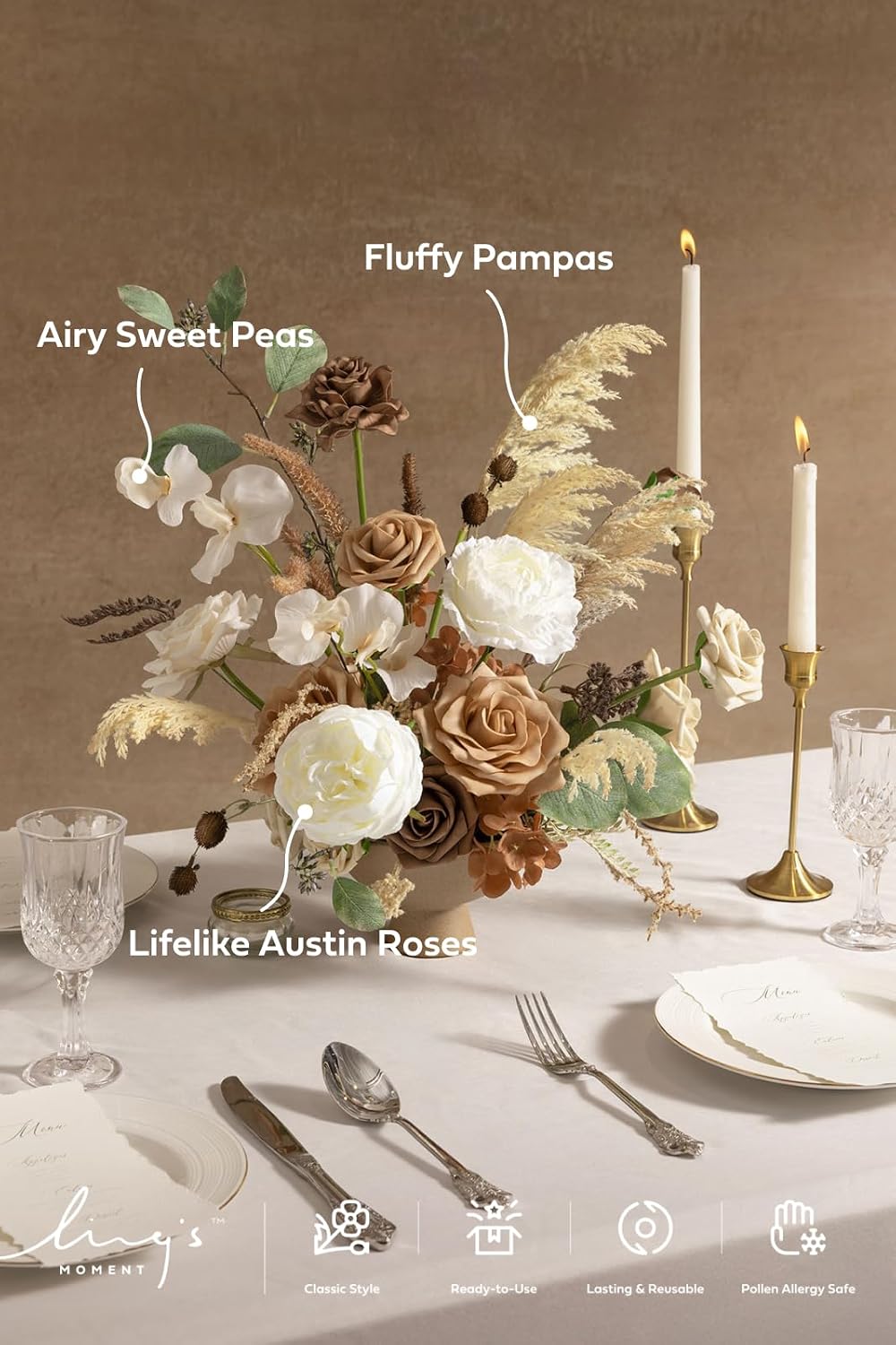Ling's moment Fake Flowers Box, Faux Pampas Artificial Gardenia Foam Roses Silk Peony for Centerpieces Bouquet Wedding Floral Arrangements Bridal Shower Party, Earth Brown & Tawny Beige, Deluxe Combo