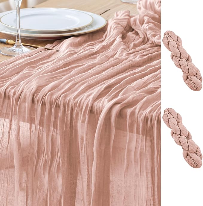 Asee'm 2pcs Cheesecloth Table Runner 120 Inches Dusty Pink Boho Gauze Cheese Cloth Runner 10FT Rustic Sheer Fall Table Runners for Thanksgiving Wedding Baby Shower Holiday Party Decoration