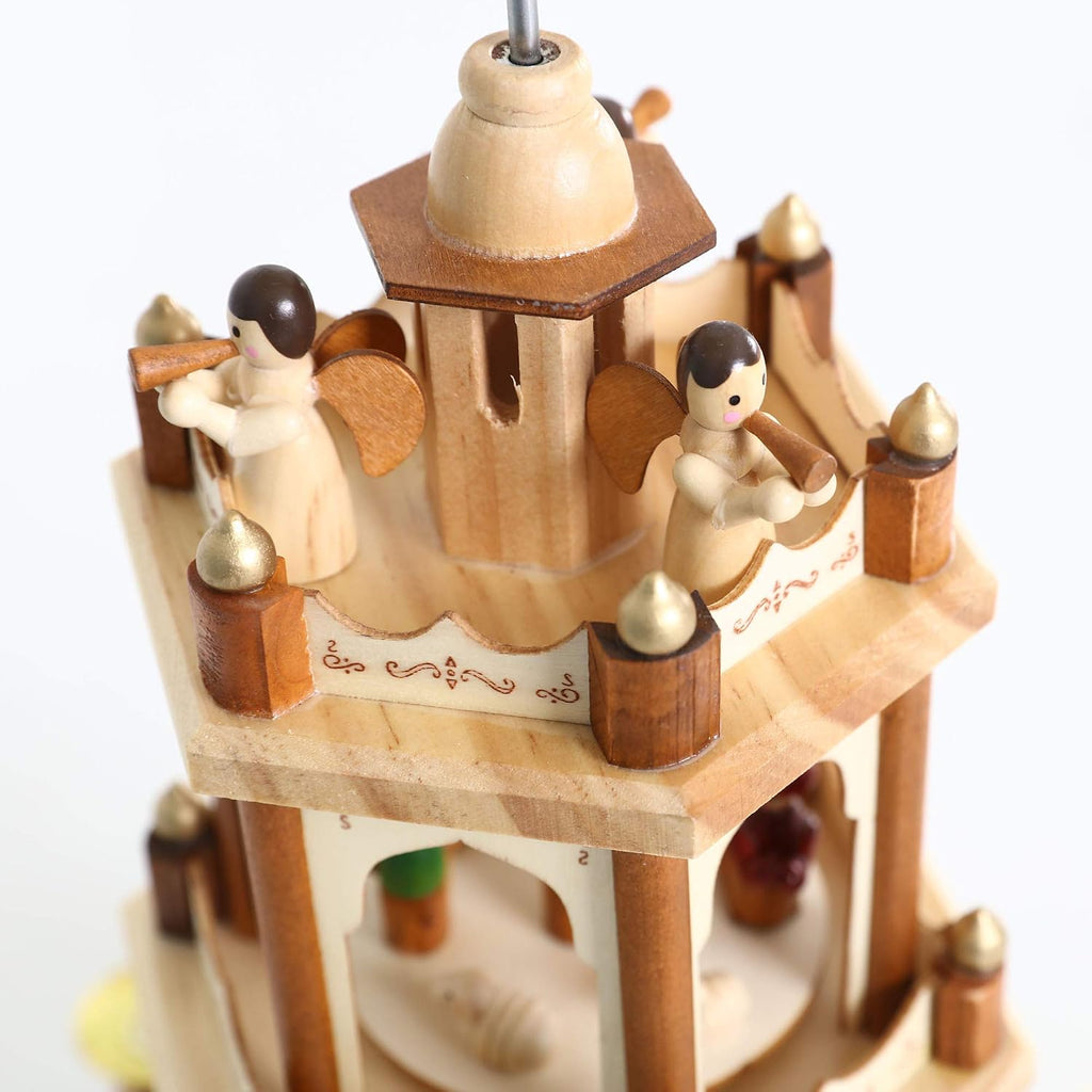 17 Inch Wooden Christmas Pyramid Windmill Candle Holders - 3 Tiers Carousel- Hand Painted Nativity Figurines - Turning Wings (005-Natural)