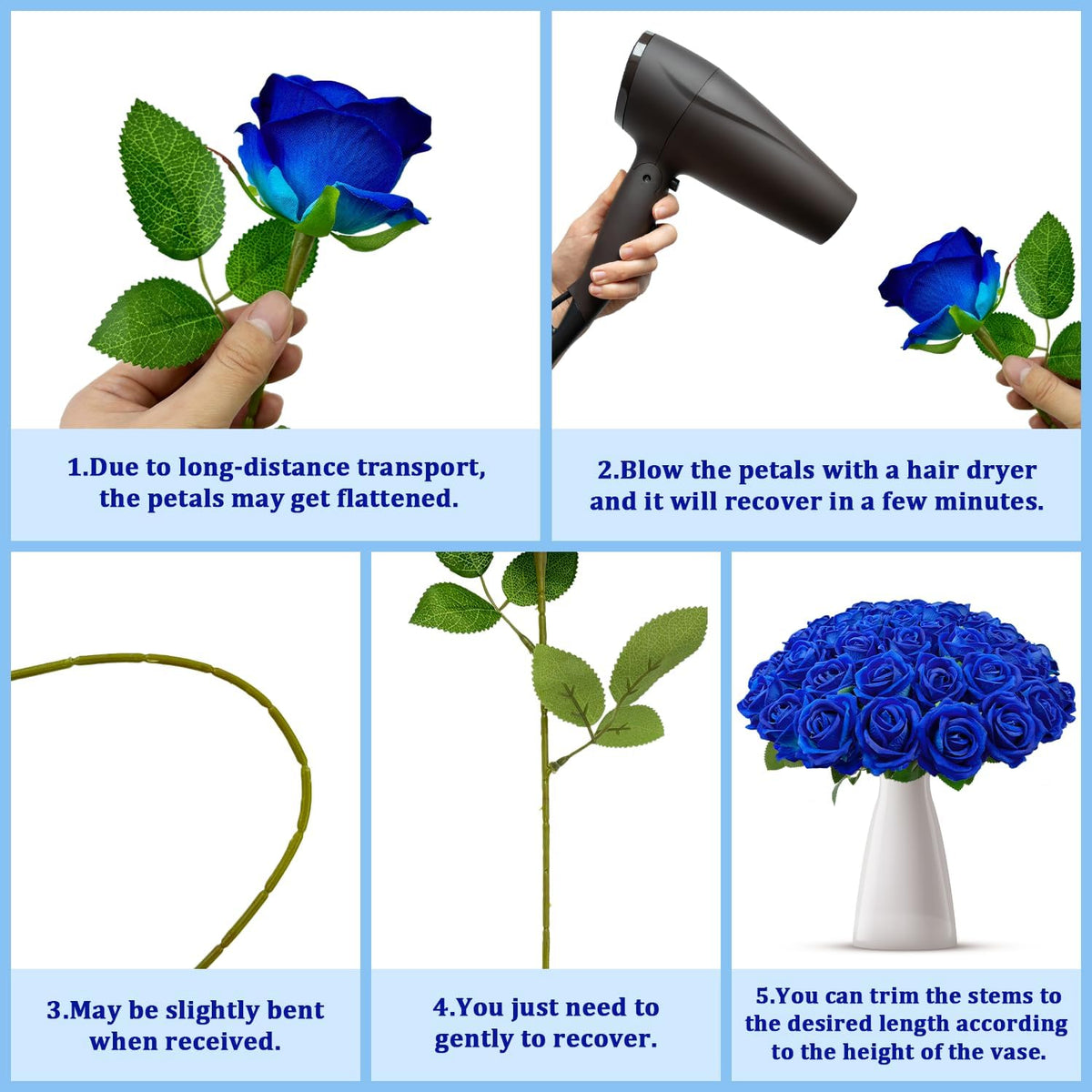 bulk royal blue artificial flowers, fake velvet blue showing dimensions