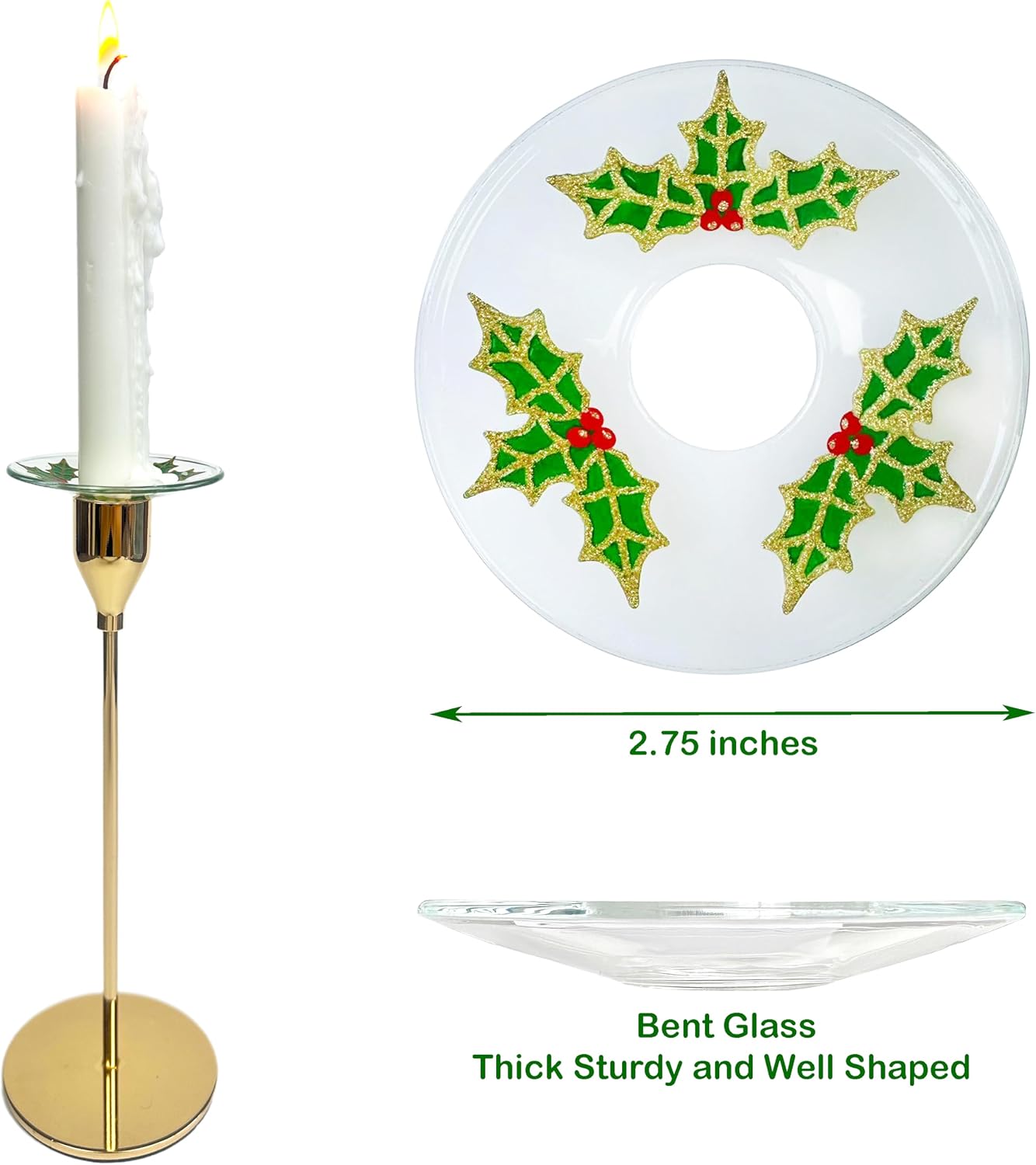 4 Pieces Patterned Glass Bobeches for Candlestick Holder, Christmas Holly Design, Candle Drip Protector Guard, Wax Catcher Ring Accessories (Christmas Holly)