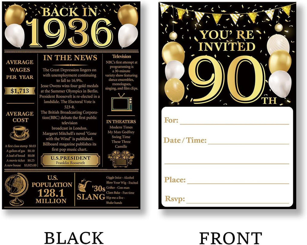 90th Birthday Party Invitations for Women Men - Back in 1936 Invites 90 Year Old Party Invitations Set for Birthday Anniversary (20 Invites and Envelopes)