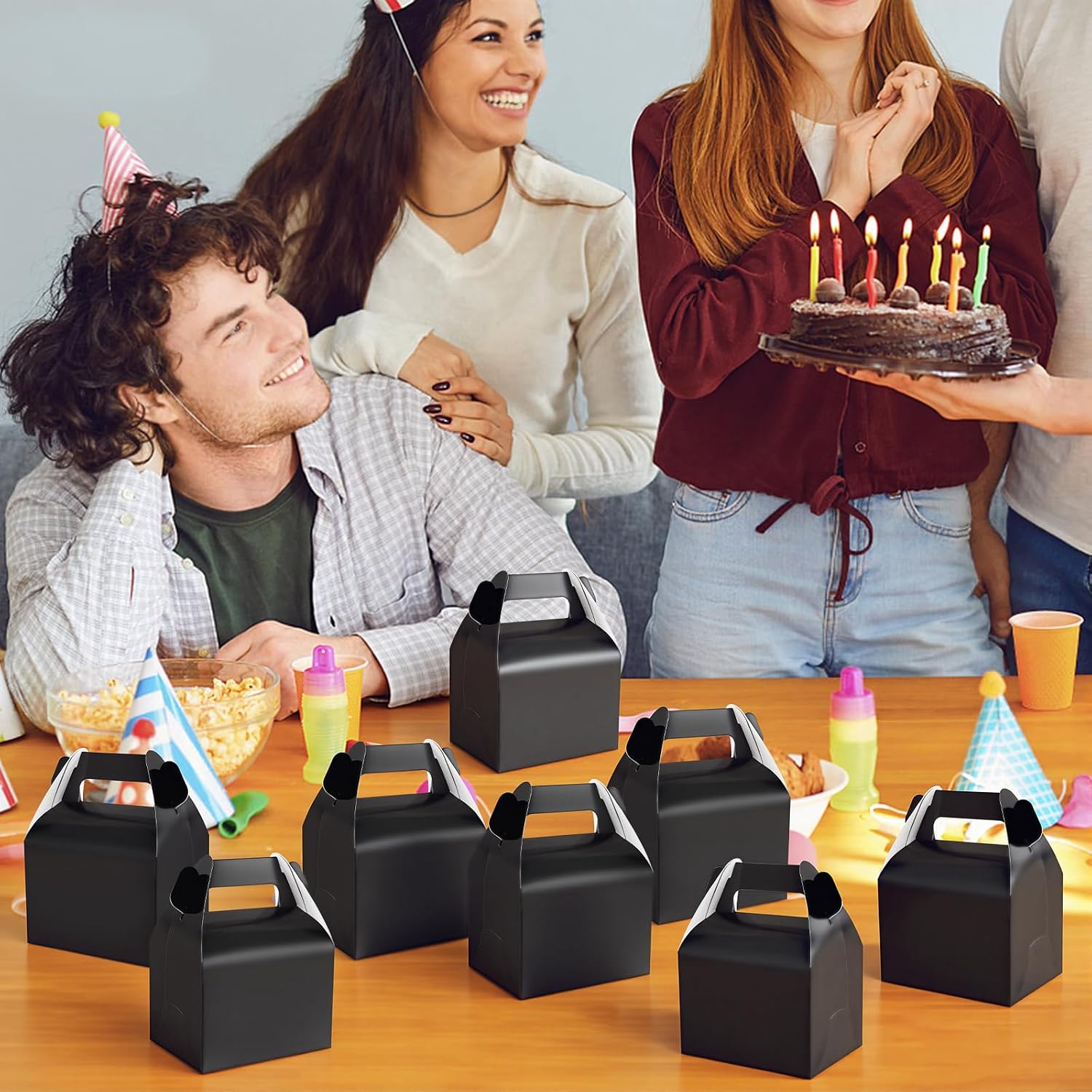 Hooqict 24 Pack Black Party Favor Treat Boxes Paper Gable Gift Boxes with Handles for Party Favors Snack Goodie Candy Cookie Desserts, 6.7x5.1x3.5 Inch