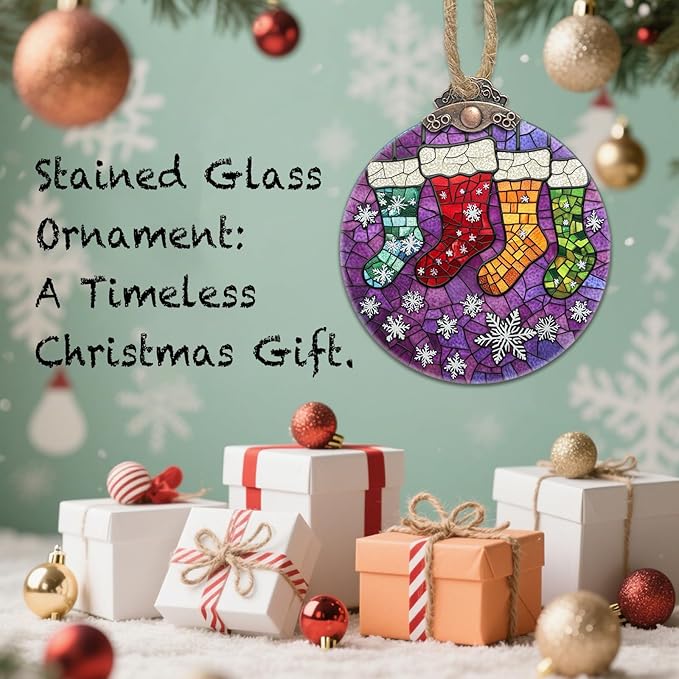 Stained Glass Christmas Decorations, Colorful Stockings Purple Suncatcher for Window Christmas Tree Hanging Ornaments Snowflake Sun Catcher Xmas Decor Gifts for Women Men Mom Nana Friend