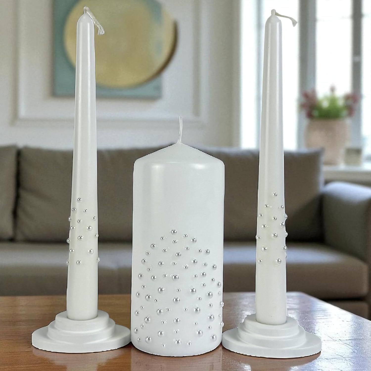Unity Candle Set - Wedding Ceremony & Reception – 6” Pillar & Two 10” Taper Candles – Long Burning Unity Candles for Marriage Ritual – Handmade in USA – White| Pearls