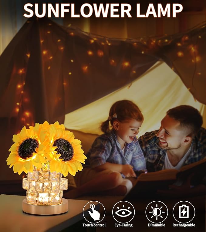 Sunflowers Lamp,Rechargeable Cordless Touch Lamp,3-Colour Infinitely Dimming Small Night Light,Crystal Table Lamp for Home Decor/Restaurant/Bar/Coffee Shop,Gifts for Women/Mom