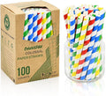 [10mm Wide] Chunspak 6" Short Fat Colorful Striped Paper Drinking Straws Disposable 100 Counts for Smoothie, Milkshakes, Thick Drinks - Biodegradable