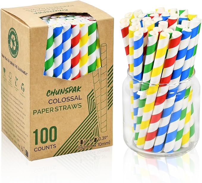 [10mm Wide] Chunspak 6" Short Fat Colorful Striped Paper Drinking Straws Disposable 100 Counts for Smoothie, Milkshakes, Thick Drinks - Biodegradable