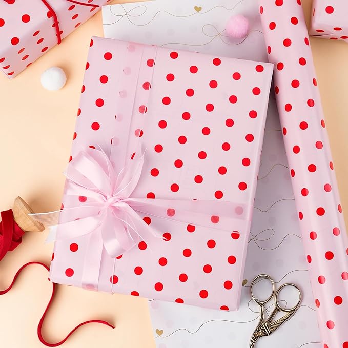 Flyhill Red Polka Dot Wrapping Paper,Reversible Pink Gold Elegant Bow & Heart Gift Wrap Suitable for Birthday,Girls,Baby Shower,Wedding (17 Inch X 32.8 Feet)