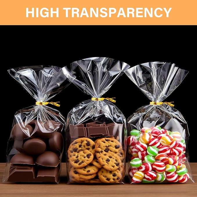 ZHEWTOEN 100 Pcs 5x7 Inch Cellophane Bags with Color Twist Ties, Clear Plastic Goodie Cello Treat Candy Bags for Cookies, Popcorn, Small Gift Wrapping, Party Favors, Bakery Packaging
