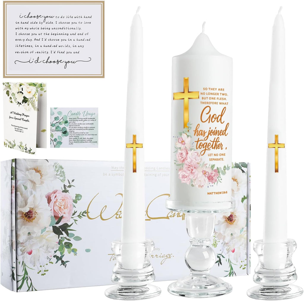 Extrogif Unity Floral Candles with Holder for Wedding Ceremony – Wedding Candle Set with Glass Holders – Elegant Pillar Candles with a Gold Cross and the Matthew 19:6 Verse