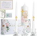 Extrogif Unity Floral Candles with Holder for Wedding Ceremony – Wedding Candle Set with Glass Holders – Elegant Pillar Candles with a Gold Cross and the Matthew 19:6 Verse