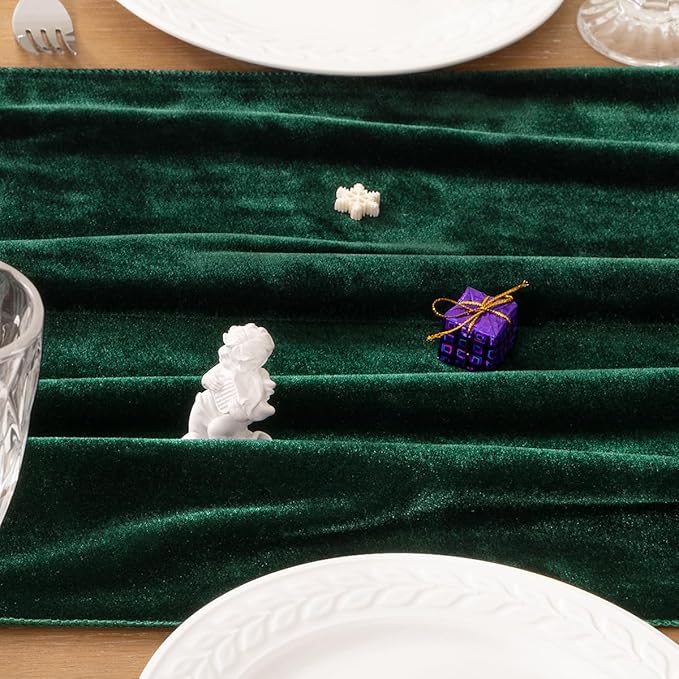MLMC 2 Pack Emerald Green Velvet Table Runner 10ft Luxury Dark Green Velvet Fall Table Runner 20x120 Inches Glossy Wedding Table Runner for Bridal Shower Birthday Party Gathering Decor