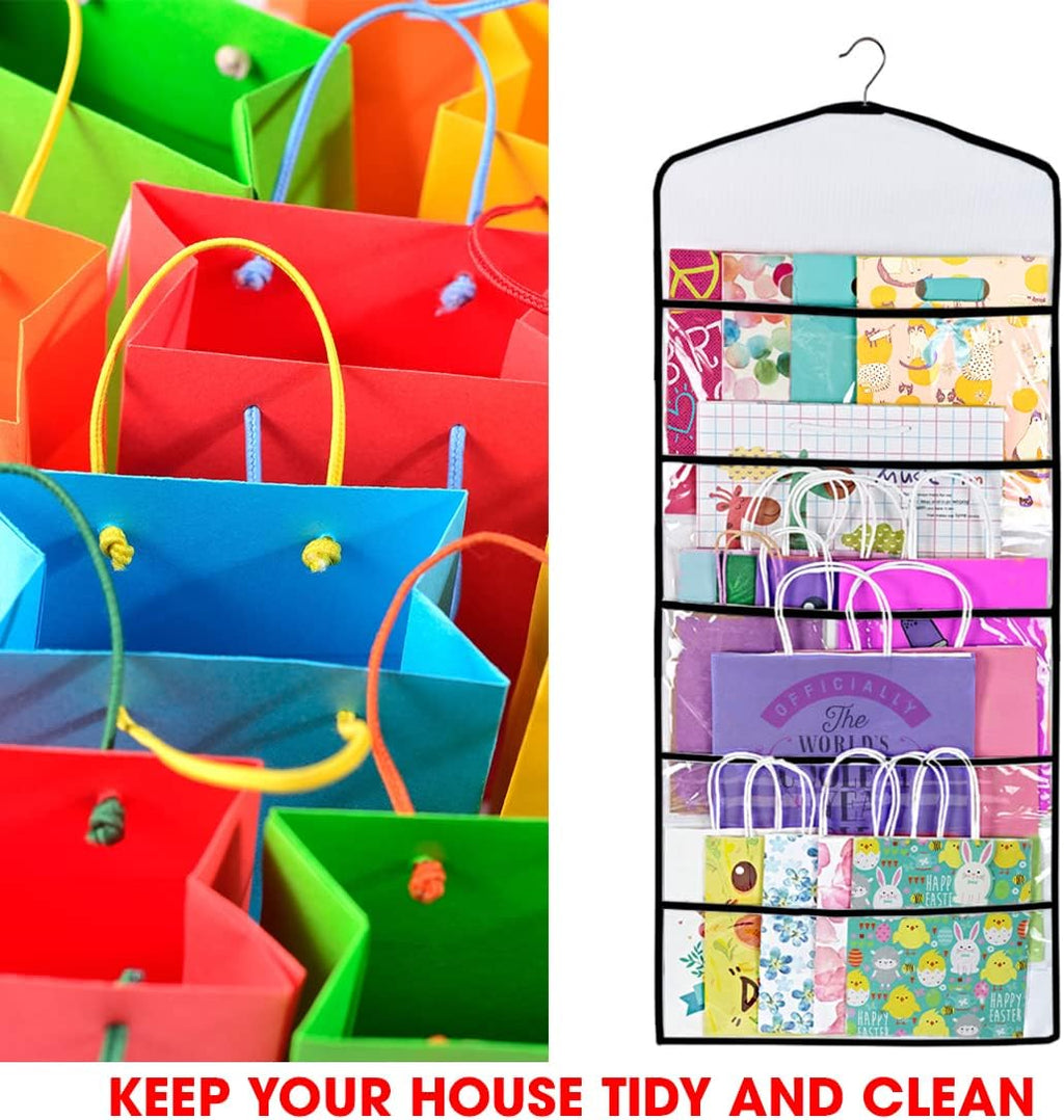 Gift Bag and Tissue Paper Storage, Hanging Organizer with Multiple Front and Back Pockets Double Sided, Organize Gift Wrap and Paper Bags 38 x 16 Inch (Black seam)