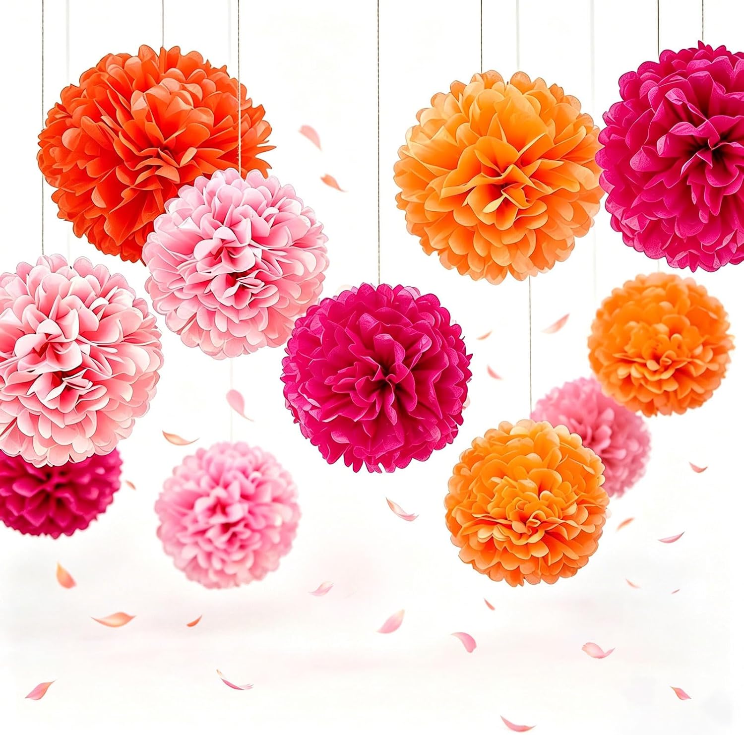 AimtoHome Pink Orange Tissue Paper Flower Pom Poms12pack Hanging Paper Pom Pom Decorations for Tea Party, Wedding, Bridal Shower, Birthday, Fiesta, Baby Shower, Nursery, Bachelorette, 10/8/6 inch