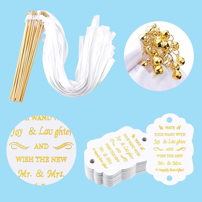 Junkin 100 Pcs Wedding Wands Streamers with Bells Set, 50 White Wedding Send Off Ribbon Streamers Sticks and 50 Favor Tags for Bridal Baby Shower Anniversary Holiday Send Off Party Activities Favors