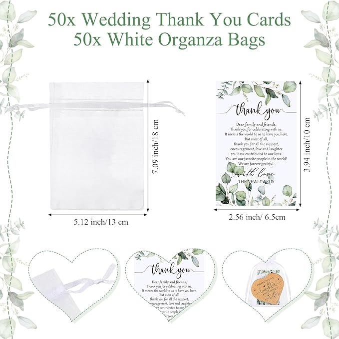 Uiifan 100 Set Wedding Favors for Guest Coaster Gifts Bulk Heart Shaped Coasters Thank You Cards Organza Bags Guest Souvenirs for Wedding Party Bridal Favors