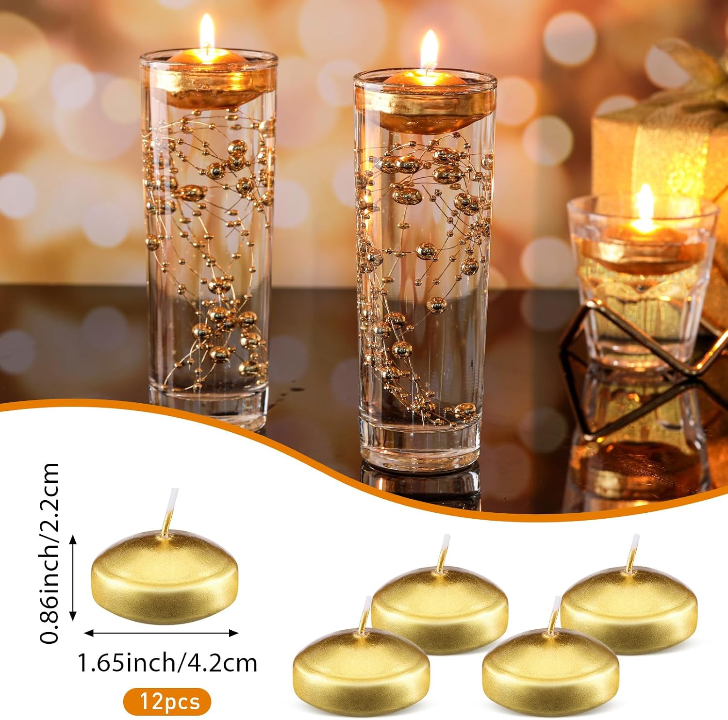 Nuanchu 12 Pack 1.65 Inch Floating Candles or Centerpiece Unscented Wax Burning Water Floating Candle Set for Cylinder Vase Wedding Party Gifts Pool Home Decor(Gold)