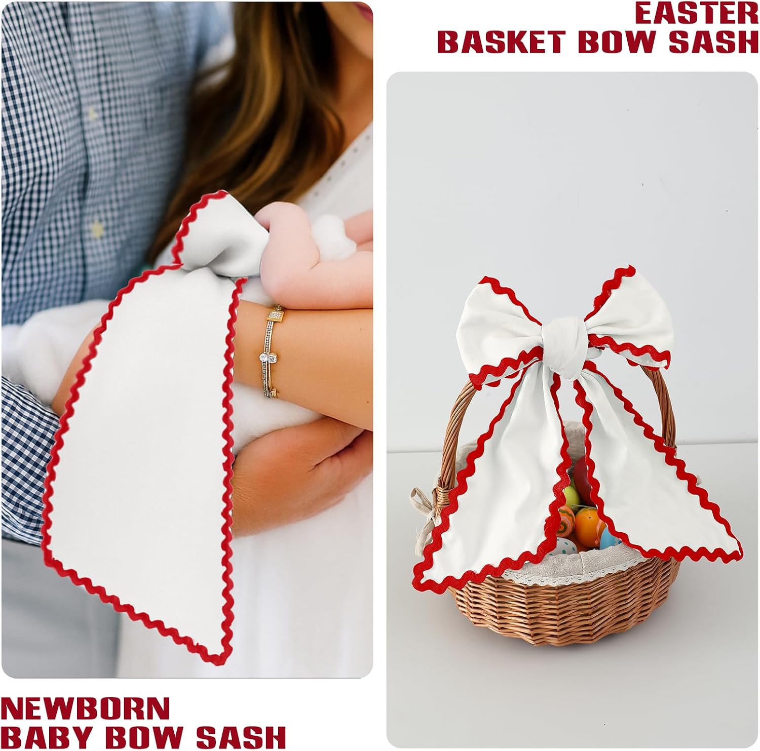 DYSHAYEN Wreath Sash for Front Door,Canvas RIC Rac Trim Wreath Accessories for Yard Doorway Indoor Outdoor Bridal Shower Xmas Home (White-Red Trim)