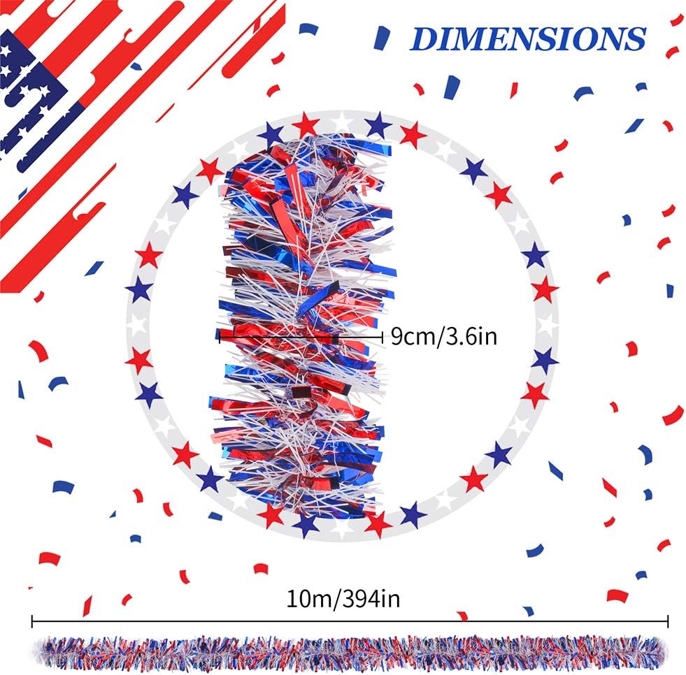 CCINEE 33ft Patriotic Tinsel Garland,Red White Blue Star Twisted Garland for 4th of July Party Independence Day Memorial Day Home Party Decoration