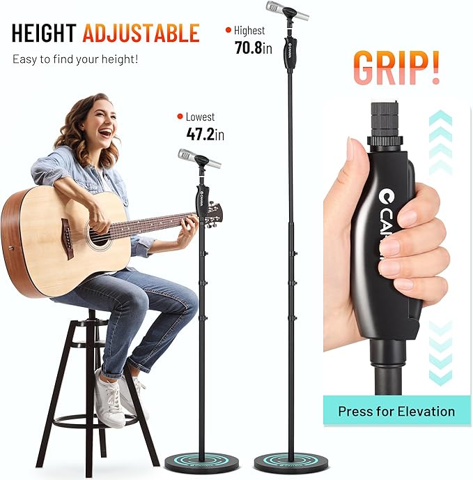 CAHAYA Microphone Stand Floor Universal - Metal Mic Stand with Weighted Round Heavy Base Mic Stands Adjustable Height with Phone Holder Mic Floor Stand with 2 Mic Clips and 3/8'' to 5/8'' Adapter