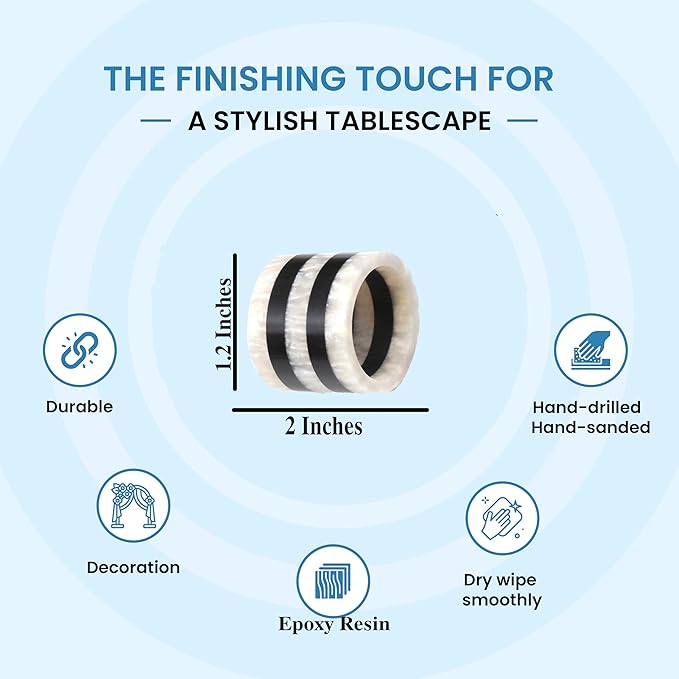 12-Pcs Epoxy Resin Napkin Rings - Handmade Elegant Napkin Holders for Table Décor, Dining, Weddings, Holidays & Special Events - Durable & Lightweight, Easy to Clean (Black White) - CLEENTABLE