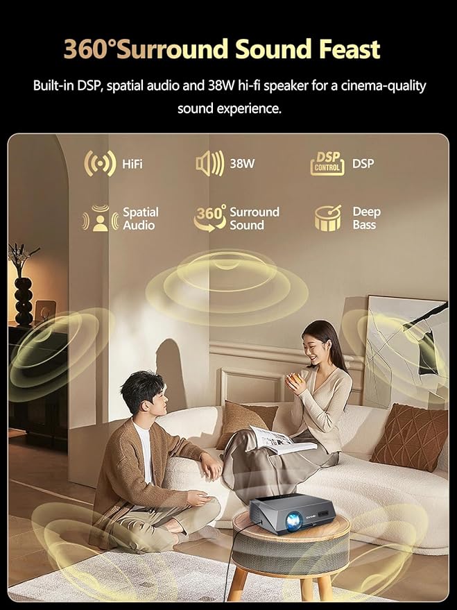 Smart Daytime 4K Projector HDR 2300ANSI with WiFi, Bluetooth, NFC, Apps, Auto Focus/Keystone,Ultra HD 1080P Movie Gaming Karaoke Projector with 2 HDMI ARC, 2 USB, 2 Mics for Home Theater Party TV Golf