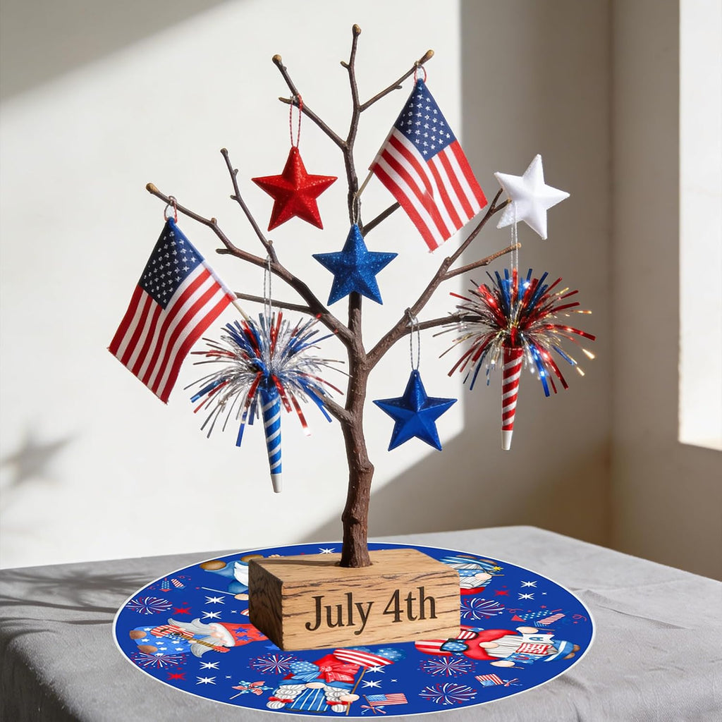15 Inch Mini Summer Tree Skirt 4th of July Patriotics Tree Skirt Double Sided Print Mat Independence Day Holiday Party Supplies Home Tabletop Christmas Tree Decoration