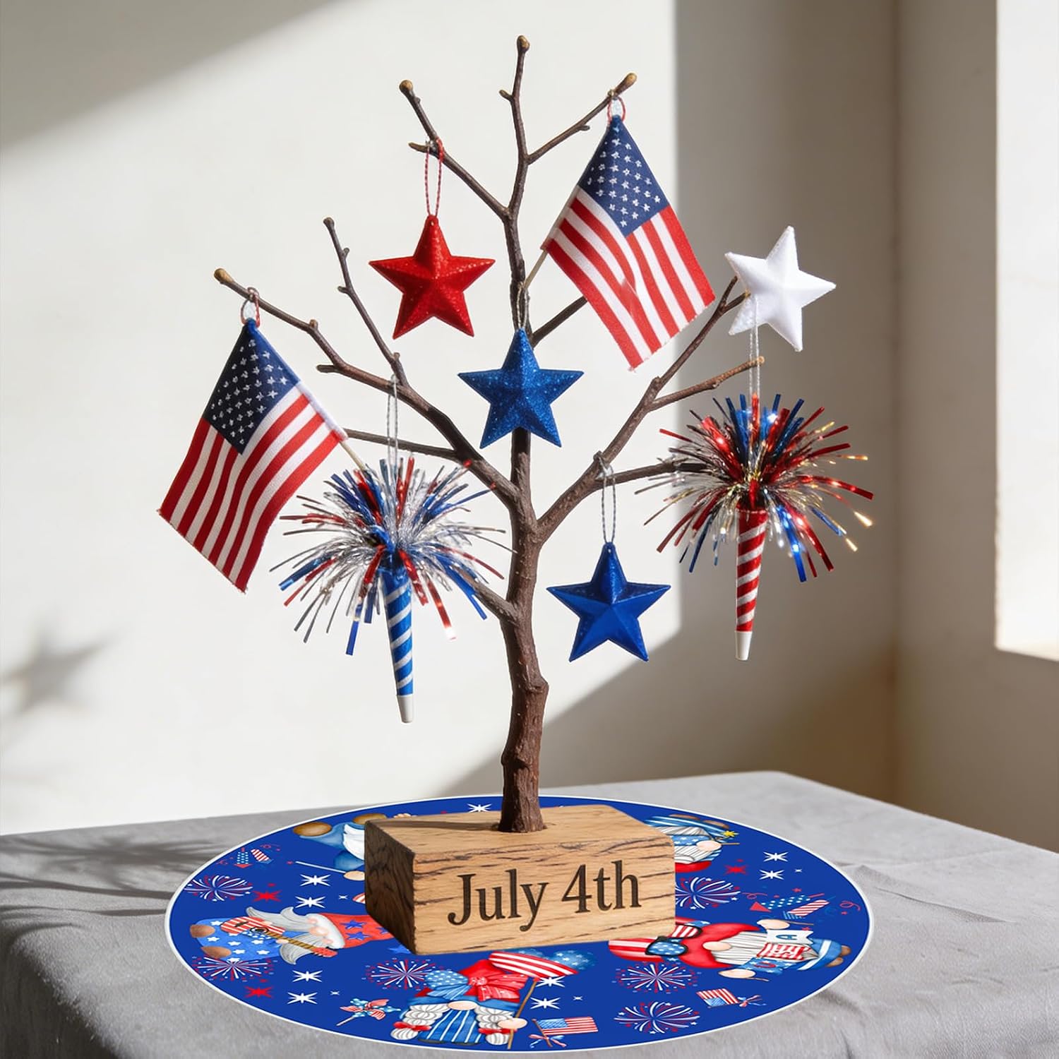 15 Inch Mini Summer Tree Skirt 4th of July Patriotics Tree Skirt Double Sided Print Mat Independence Day Holiday Party Supplies Home Tabletop Christmas Tree Decoration
