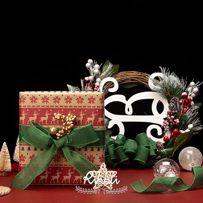Ribbli Emerald Green Burlap Wired Ribbon,1-1/2 Inch x 10 Yard, Wired Edge Ribbon for Big Bow,Wreath,Tree Decoration,Outdoor Decoration